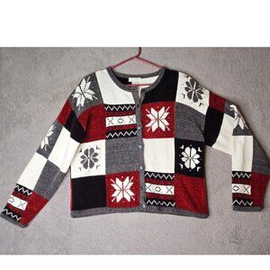 VTG Christopher & Banks Patchwork Large Cardigan Red Black White Gray Button Up